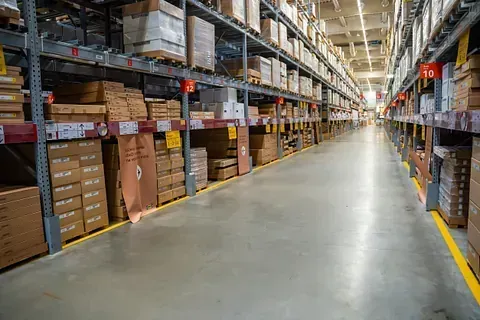 Un gran almacén lleno de muchas cajas y estantes.