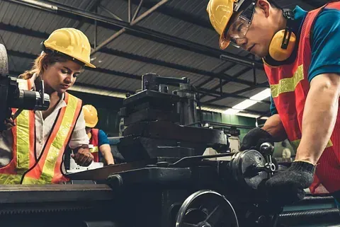 Un hombre y una mujer están trabajando en una máquina en una fábrica.