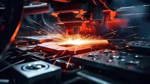 Una máquina está soldando una pieza de metal en una fábrica.