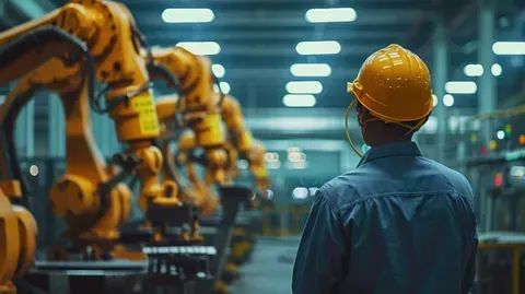 Un hombre que lleva un casco está de pie en una fábrica mirando robots.