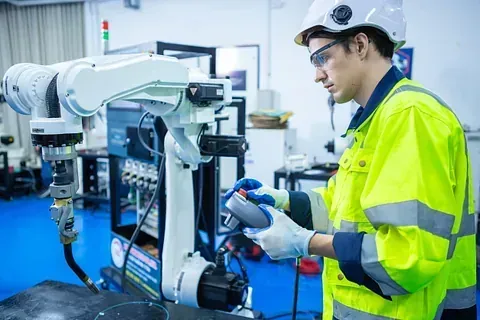 Un hombre está trabajando en un brazo robótico en una fábrica.