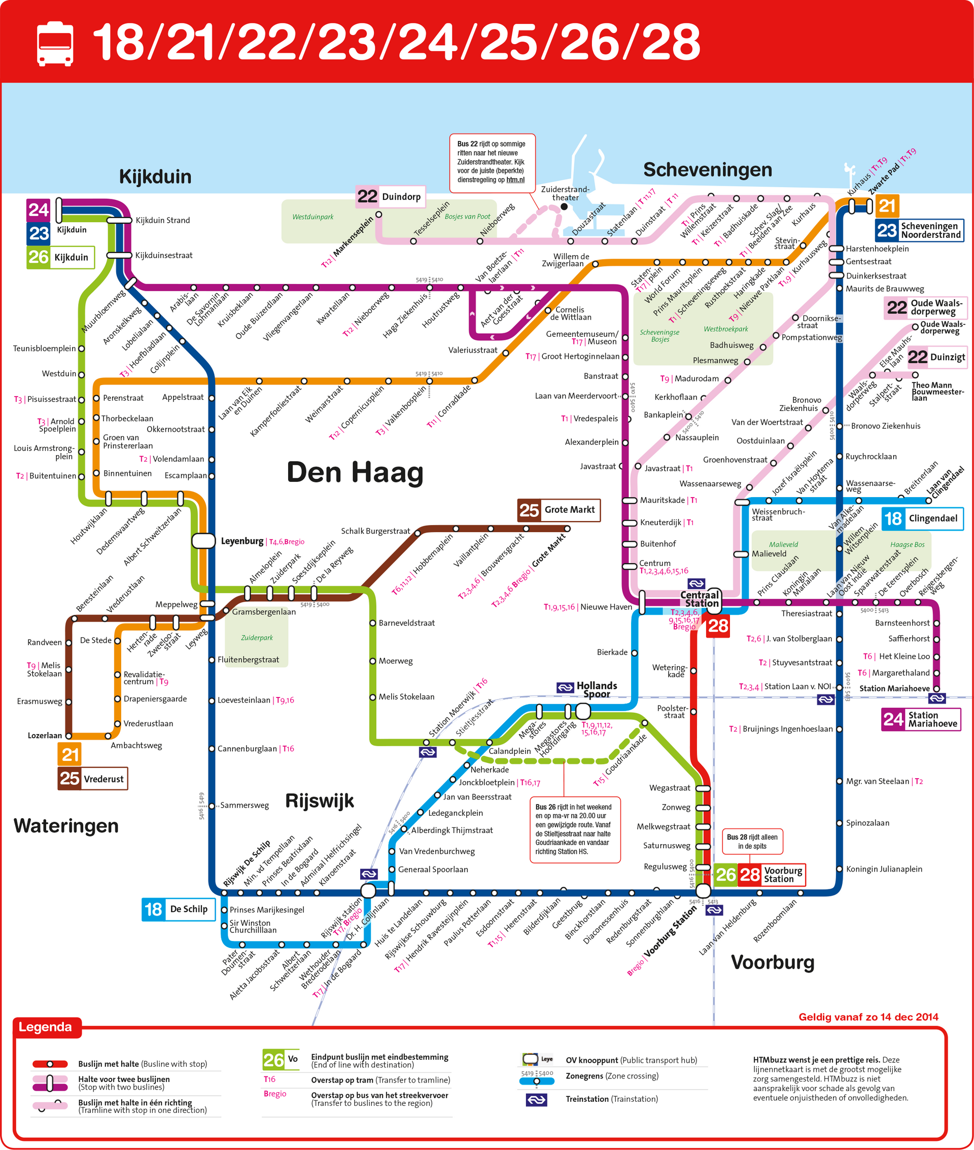 Openbaarvervoerskaart van Den Haag met gekleurde routes en stationsaanduidingen, getiteld 