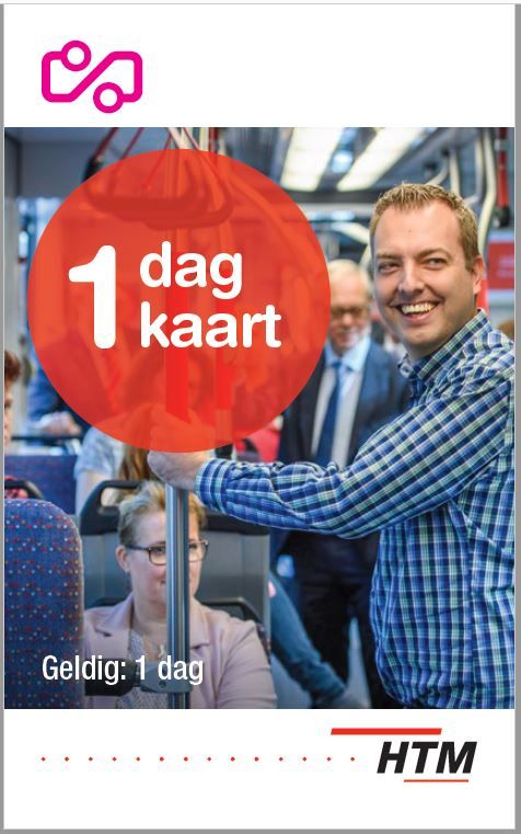 HTM 1-dag kaart ad with smiling man on a tram, red circle text “1 dag kaart” and “Geldig: 1 dag”