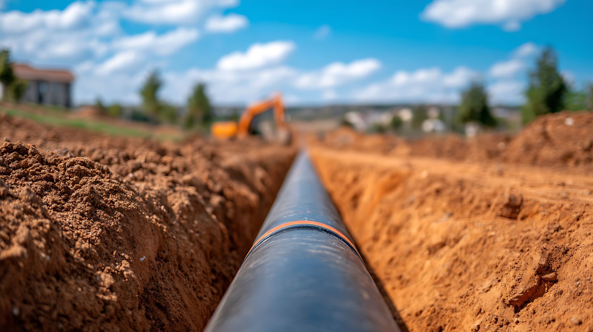 Un tuyau noir posé dans une tranchée, des monticules de terre de part et d'autre, ciel bleu. Chantier.