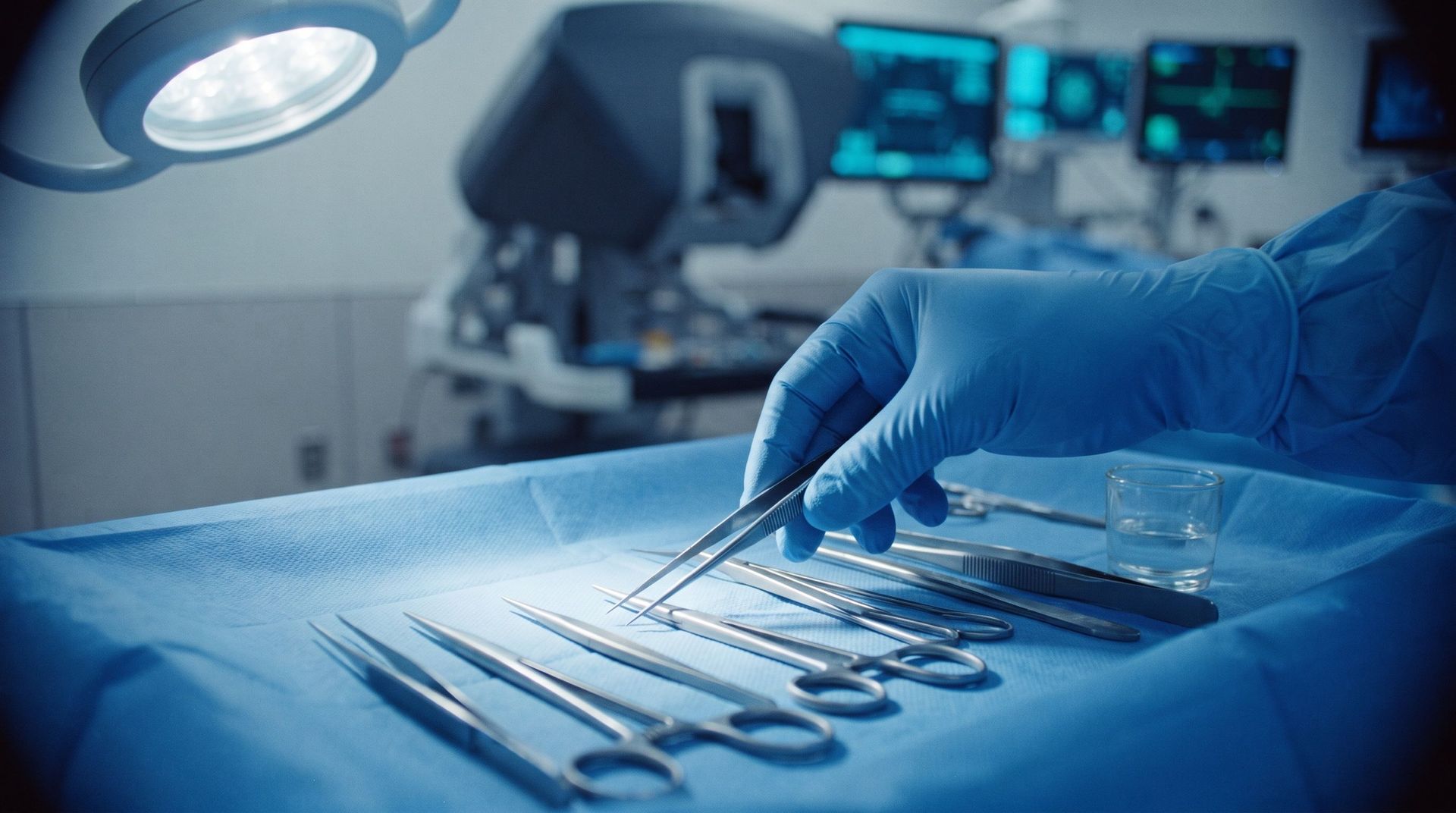 Une main gantée trie des instruments chirurgicaux sur un champ bleu au bloc opératoire