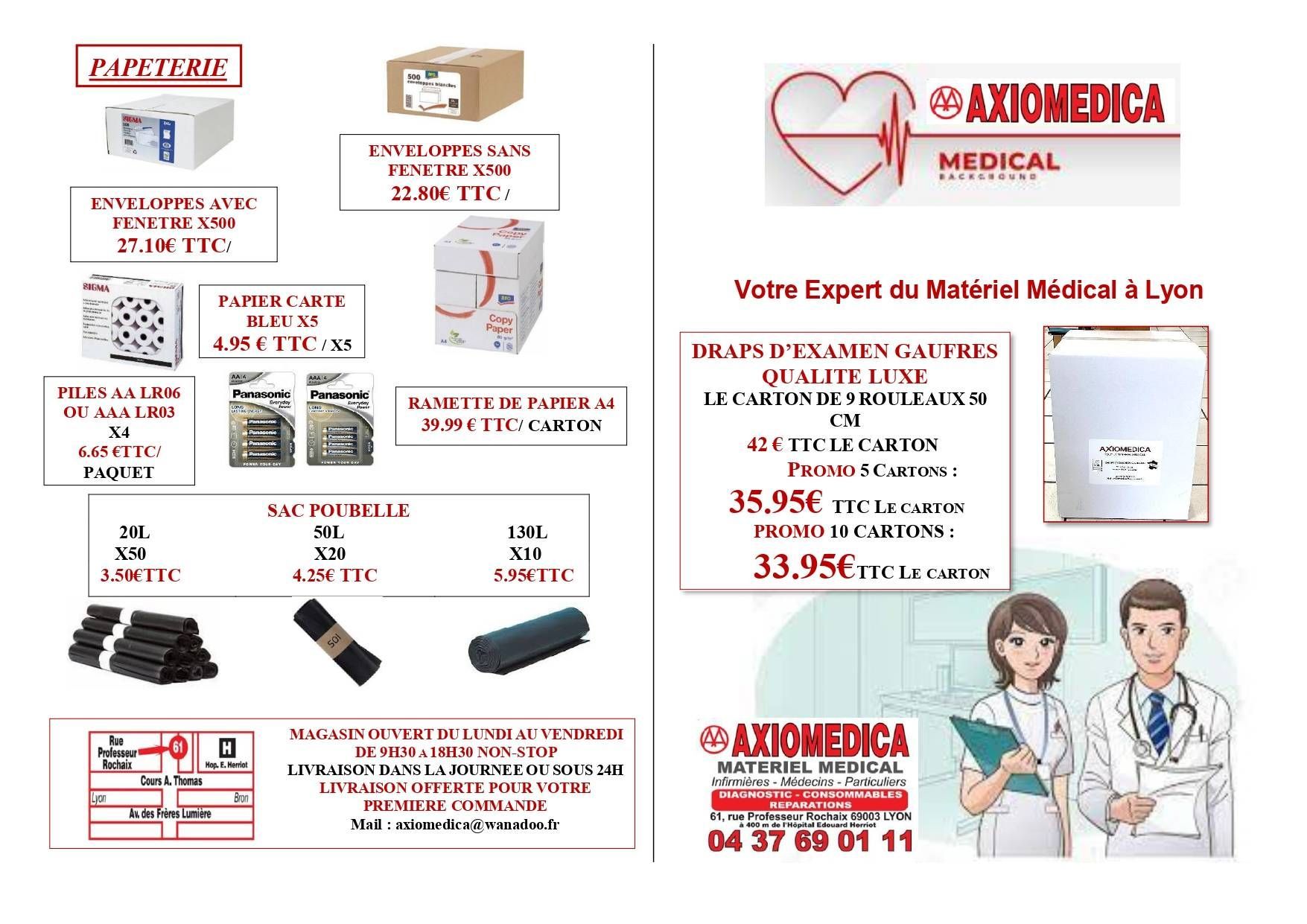 Publicité pour des fournitures médicales avec photos des produits, prix et illustration d’un médecin sur fond blanc et rouge