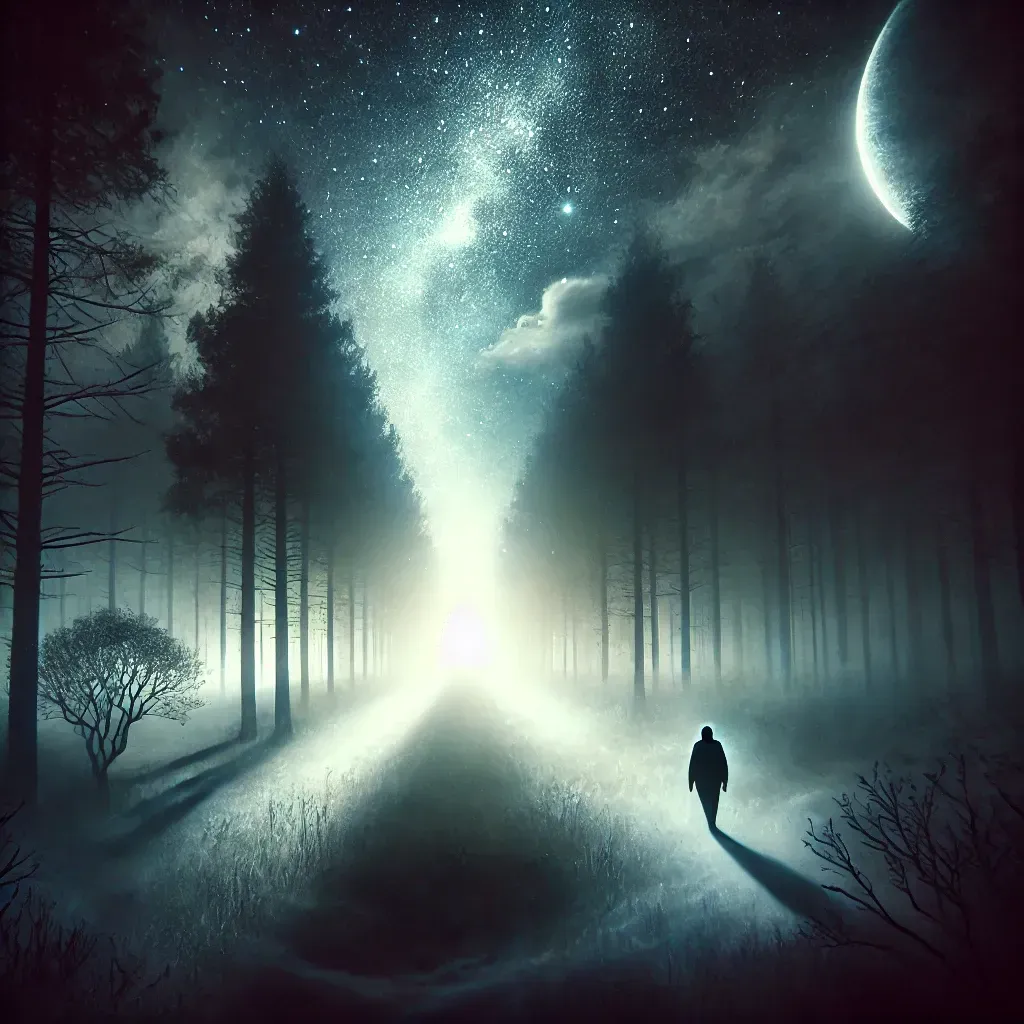 Una persona camina por un sendero en el bosque por la noche.