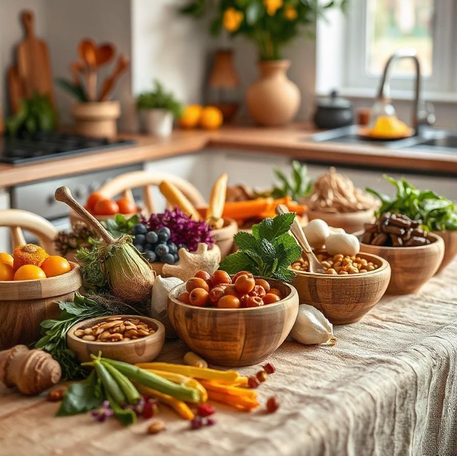 Una mesa cubierta con cuencos de frutas y verduras en una cocina.