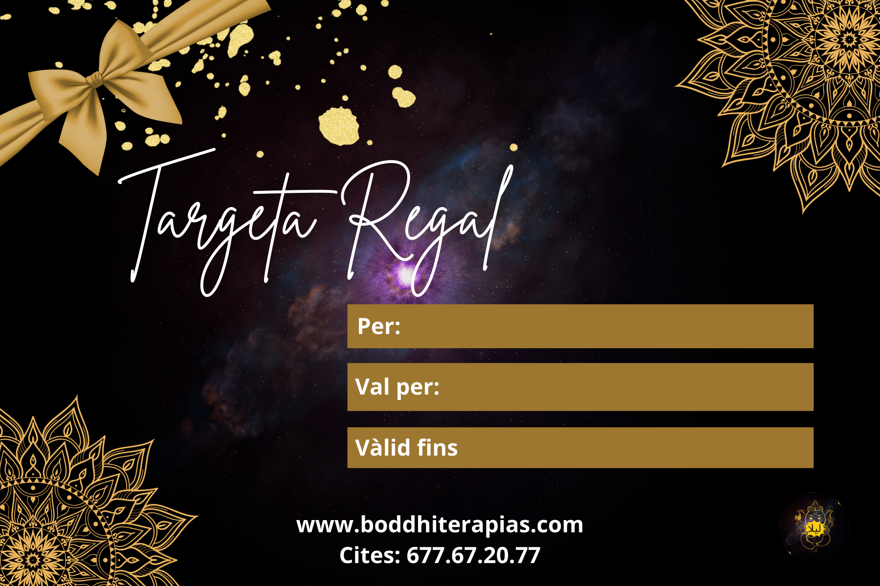Una tarjeta de regalo con un lazo dorado sobre fondo negro.