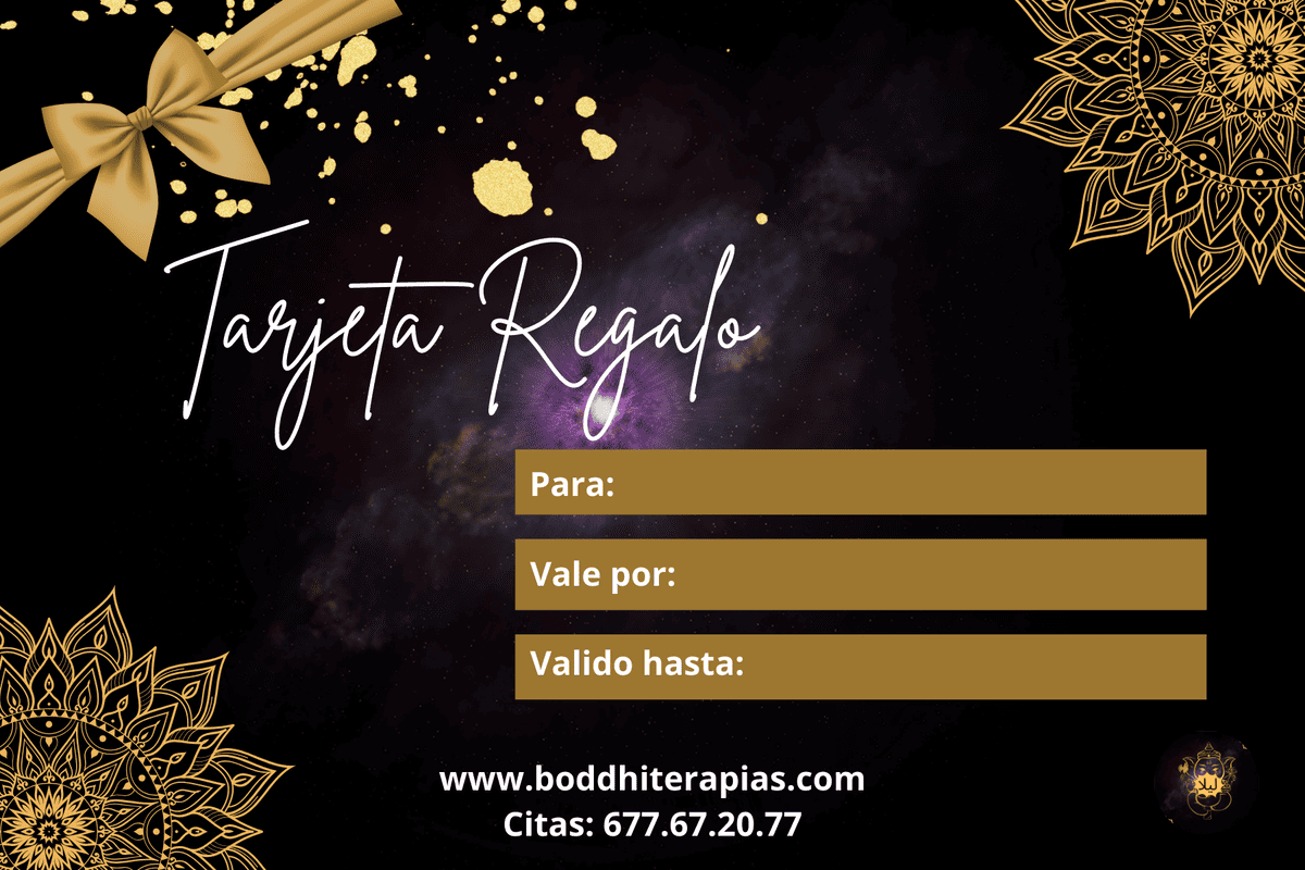 Una tarjeta de regalo con un lazo dorado sobre fondo negro.