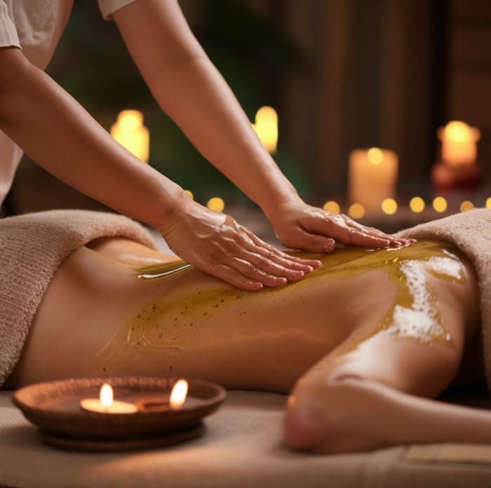 Una mujer está recibiendo un masaje en un spa con velas de fondo.