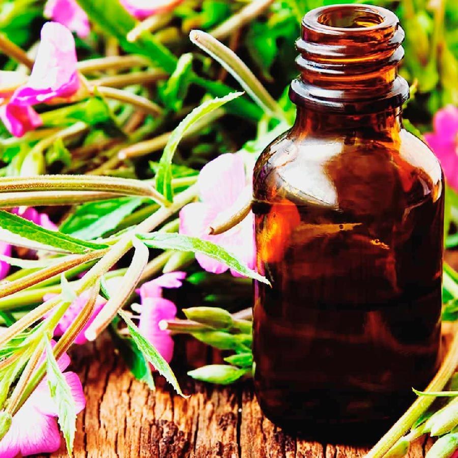 Una botella de aceite esencial está rodeada de flores rosas.