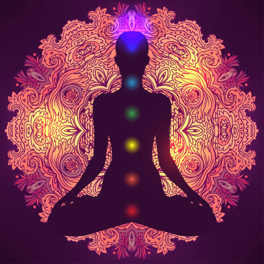 Una silueta de una persona sentada en posición de loto con chakras.
