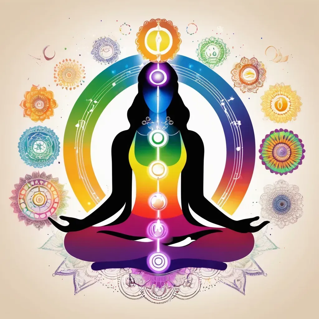 Una mujer está sentada en posición de loto con chakras a su alrededor.