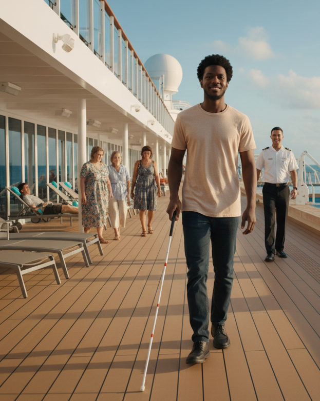 Visually impaired man with a white cane on a cruise