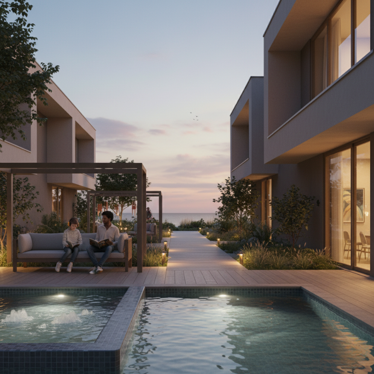 Man and a child with ear defenders on a quiet resort on holiday