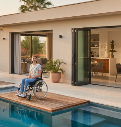 Girl in a wheelchair by a pool outside a private villa