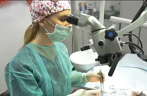Una mujer está mirando a través de un microscopio en un consultorio dental.