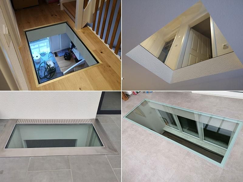 Eine Collage aus vier Bildern eines Glasbodens