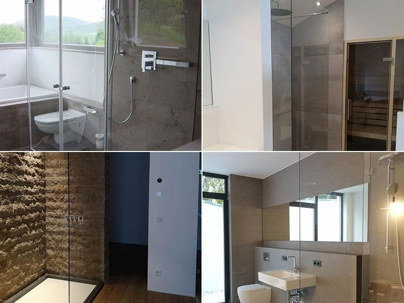 Eine Collage aus vier Bildern von Badezimmern mit Duschen und Waschbecken