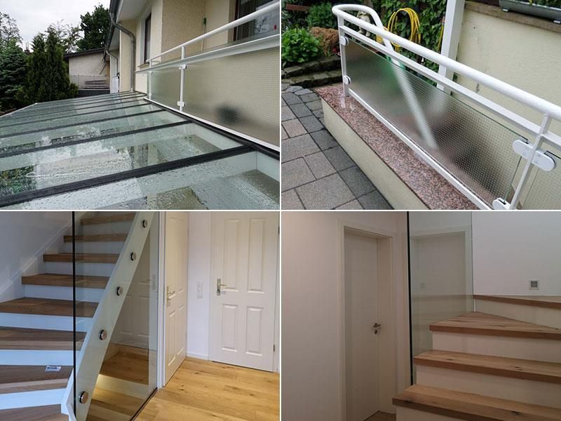 Eine Collage aus vier Bildern einer Treppe und eines Balkons