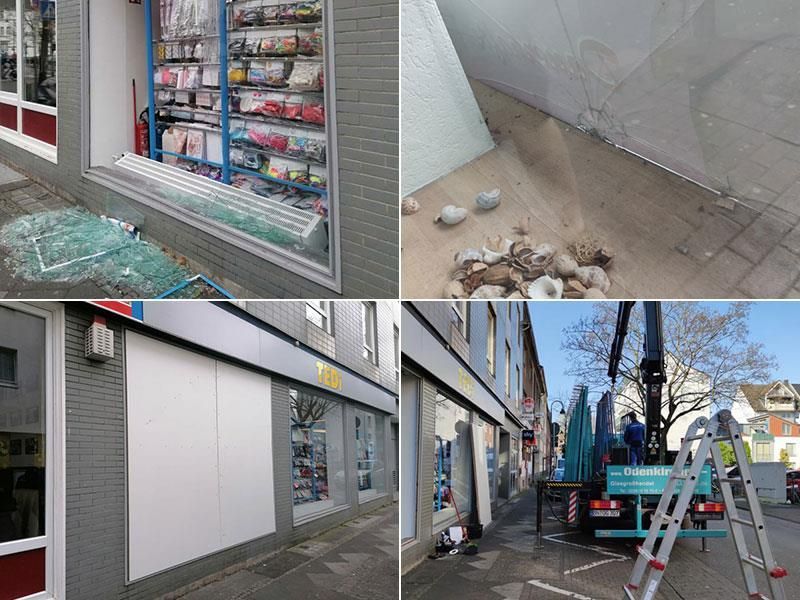 Eine Collage aus vier Bildern eines Gebäudes im Umbau