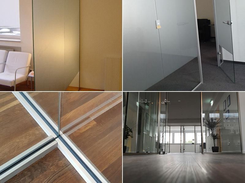 Eine Collage aus vier Bildern, die verschiedene Arten von Glastüren zeigen