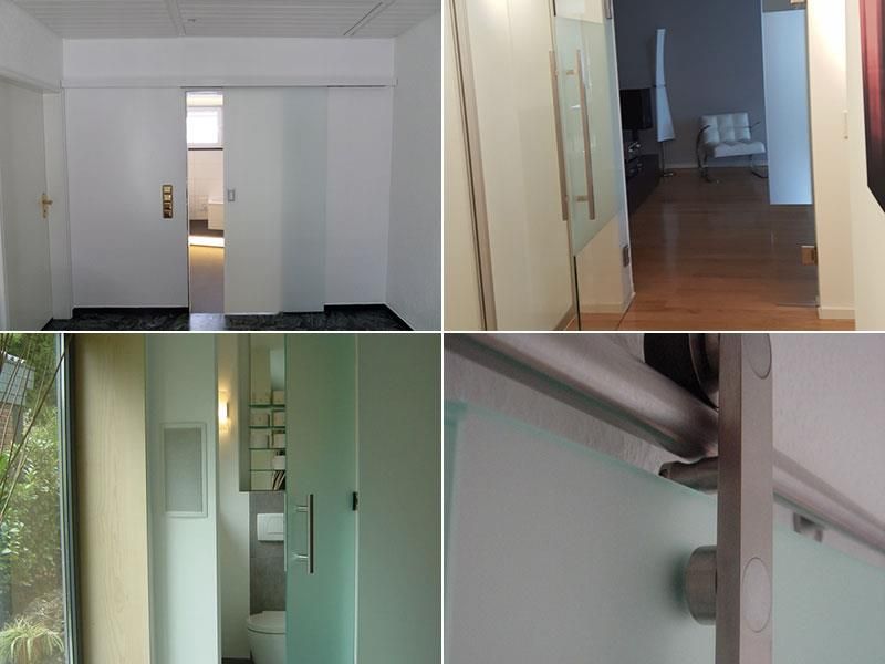 Eine Collage aus vier Bildern einer Glasschiebetür