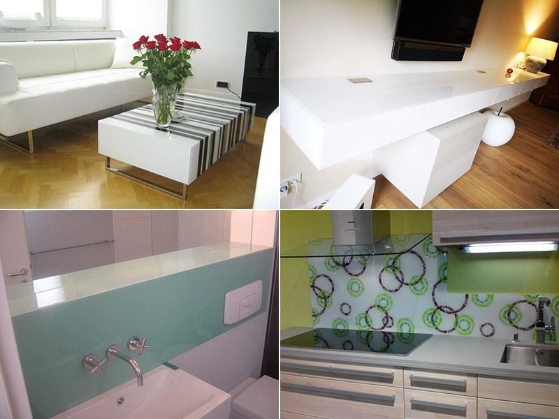 Eine Collage aus vier Bildern zeigt ein Wohnzimmer, ein Badezimmer und eine Küche