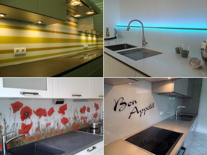 Eine Collage aus vier Bildern einer Küche mit den Worten „Guten Appetit“ an der Wand