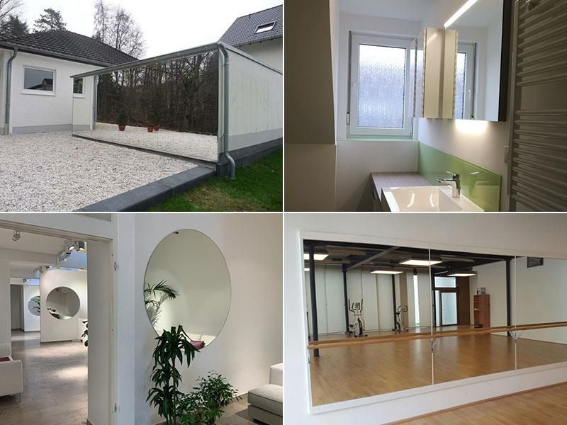 Eine Collage aus vier Bildern zeigt ein Haus, ein Badezimmer und ein Tanzstudio