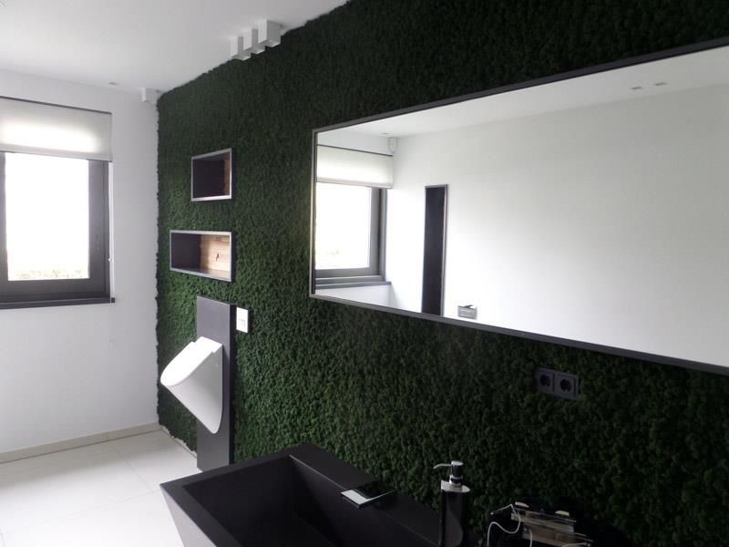 Ein Badezimmer mit einer grünen Wand und einem schwarzen Waschbecken.