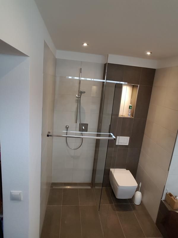 Ein Badezimmer mit ebenerdiger Dusche und Toilette.