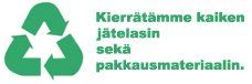 Vihreä kierrätyssymboli suomenkielisellä tekstillä kotitalousjätteen ja pakkausmateriaalien kierrätyksestä.