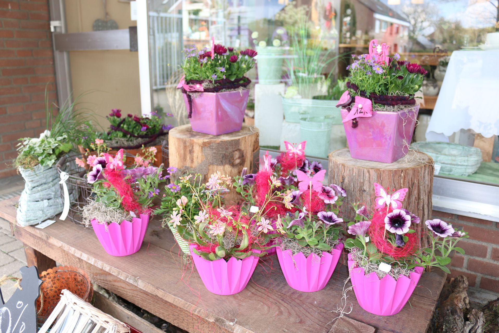 verschiedene Gestecke im pinken Topf