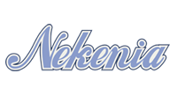 Un logotipo azul y blanco para Nekonia sobre un fondo blanco.