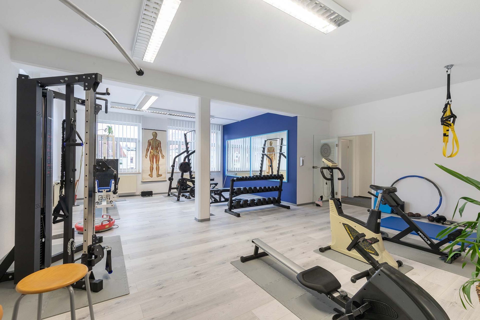In diesem Fitnessstudio gibt es viele verschiedene Arten von Trainingsgeräten.