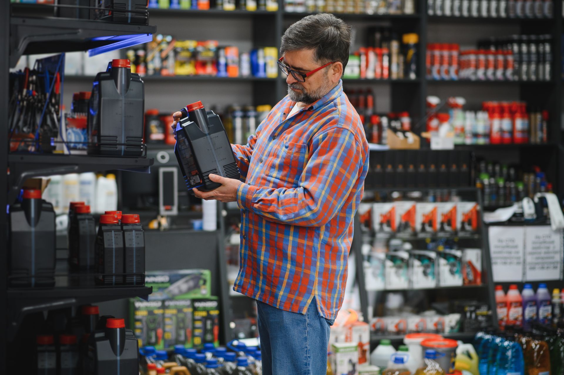 Un homme dans un magasin de pièces et accessoires auto.