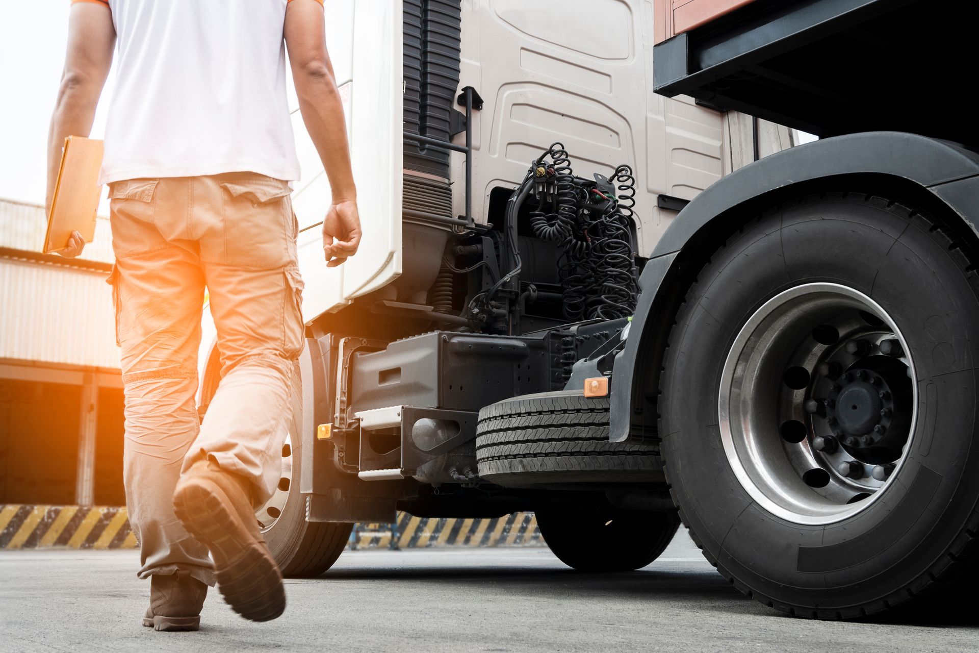 Un homme marche vers un camion.