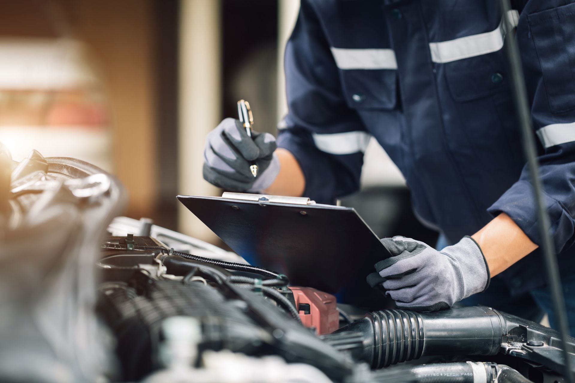Un mécanicien inspecte le moteur d'une voiture dans un garage automobile.