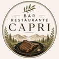 Logotipo del Bar Restaurante Capri con un filete en un plato en un paisaje de bosque y montaña.