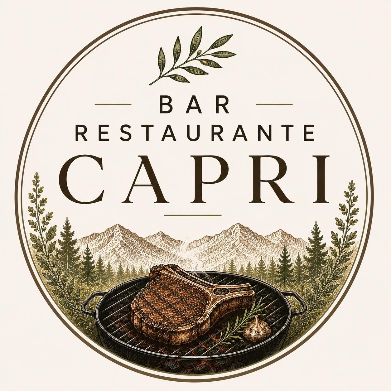 Logotipo del Bar Restaurante Capri con un filete en un plato en un paisaje de bosque y montaña.