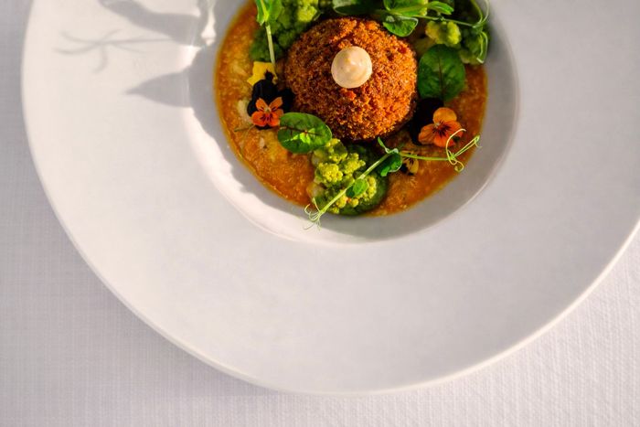 Sfera di pesce su letto di crema di peperoni e verdure cotte a bassa temperatura del menu autunnale del ristorante filettè

