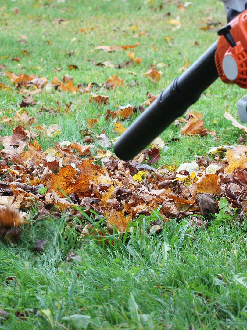 Souffleur de feuilles orange soufflant les feuilles d'automne sur une pelouse herbeuse.
