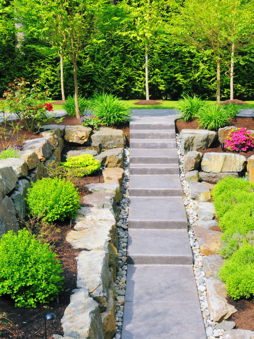 Des marches en pierre montent dans un jardin en terrasse avec des arbustes verts, des arbres et des fleurs colorées.