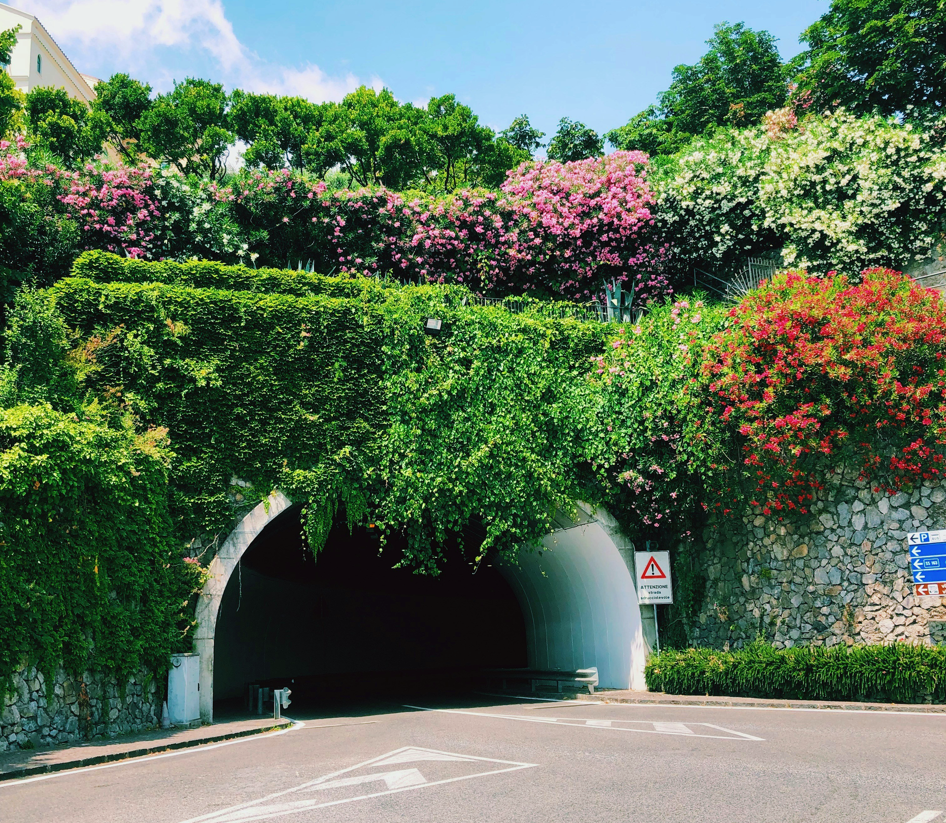 Entrée du tunnel recouverte d'une végétation luxuriante avec des fleurs roses et rouges, par une journée ensoleillée.