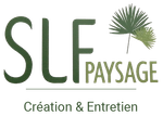 Logo SLF Paysage : Lettres vertes avec icône palmier, sous la ligne on peut lire : « Création & Entretien ».