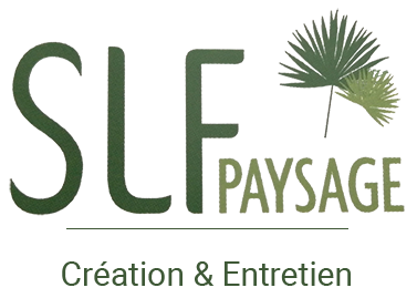 Logo SLF Paysage : Lettres vertes avec icône palmier, sous la ligne on peut lire : « Création & Entretien ».