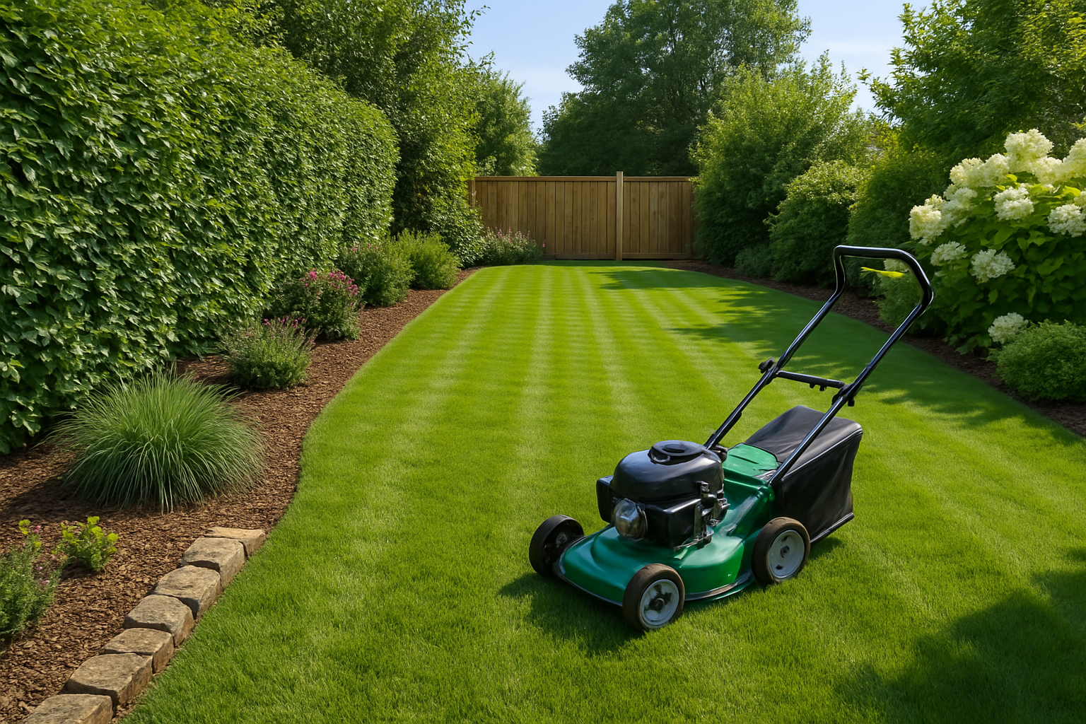 Tondeuse à gazon verte sur une pelouse verte fraîchement tondue, entourée de haies et de plantes dans une cour arrière.