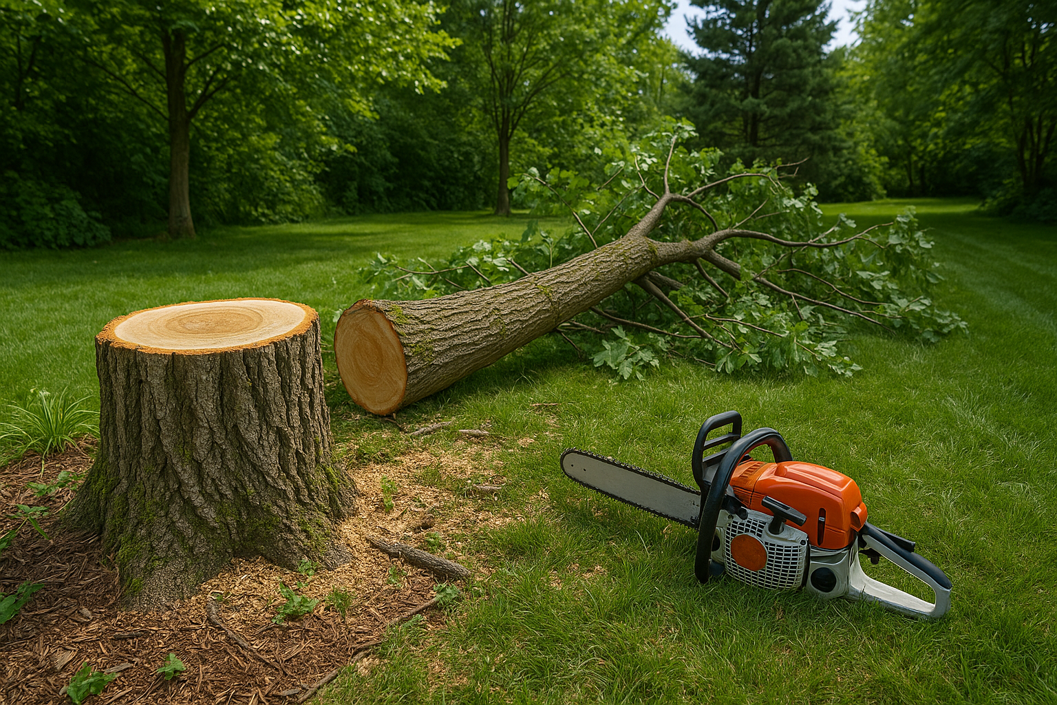 Souche d'arbre et arbre abattu dans une cour herbeuse ; la tronçonneuse se trouve à côté de la bûche.